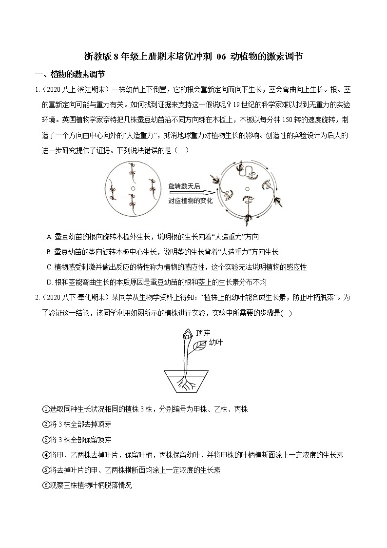 【期末满分冲刺】浙教版科学八年级上册:专题06《动植物的激素调节》期末培优冲刺01