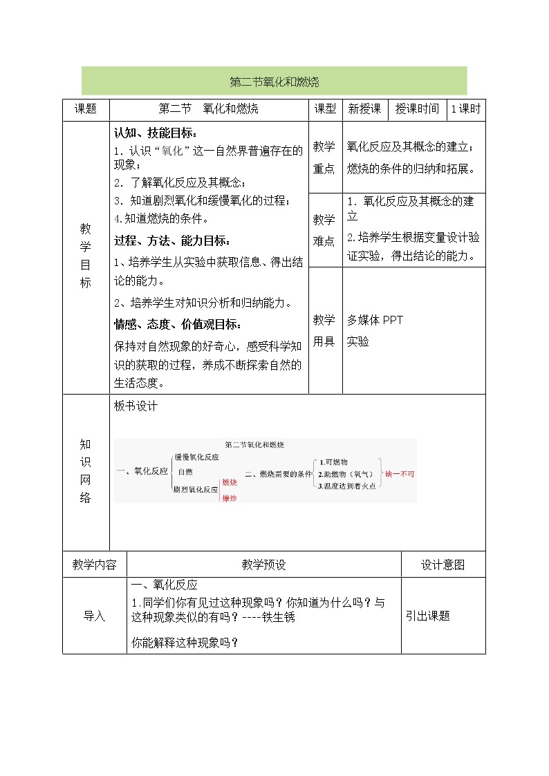 浙教版科学 八年级下册 3.2 氧化和燃烧 教案01