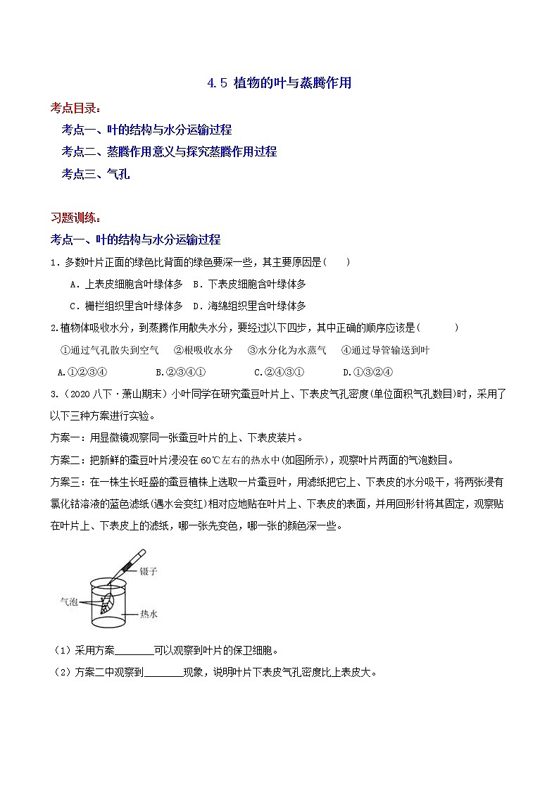 八下尖子生培優(yōu) 4.5 植物的葉與蒸騰作用（原題）第1頁(yè)