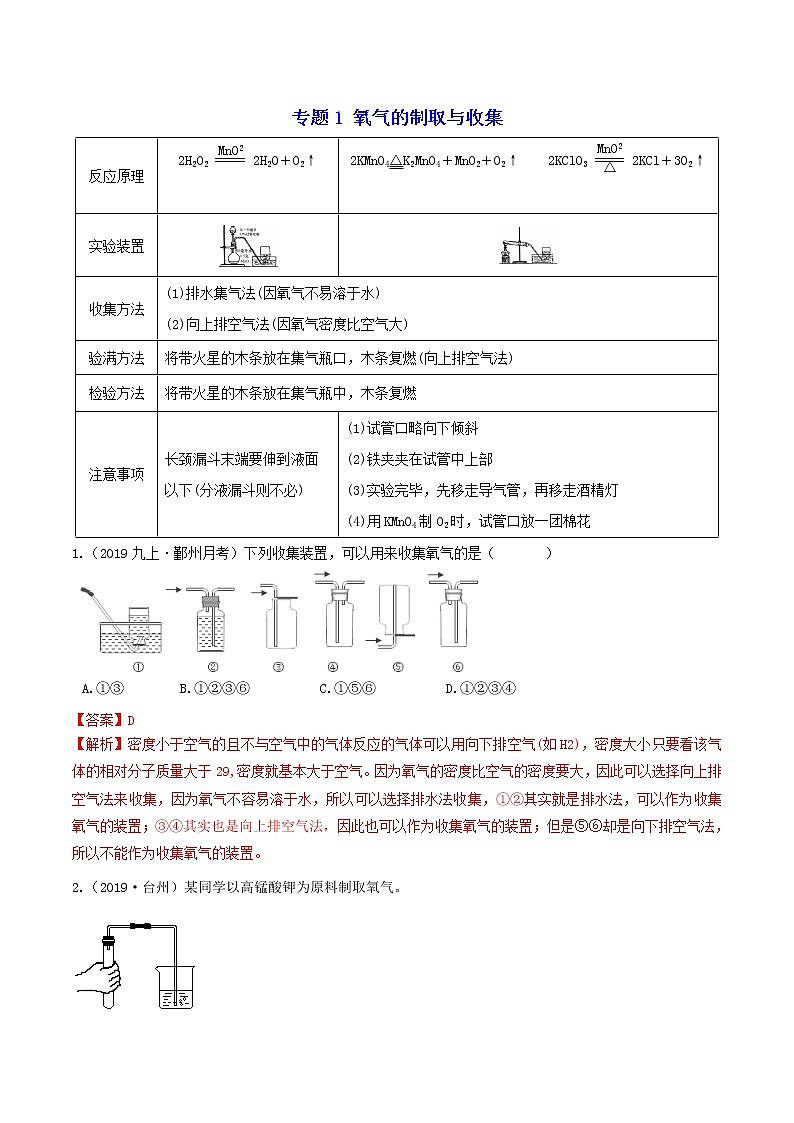 专题1 氧气制取与收集 分类集训—最新浙教版八年级科学下册尖子生培优(原卷+解析)01