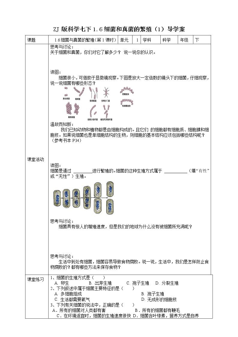 1.6细菌和真菌的繁殖 第1课时 课件+教案+学案01