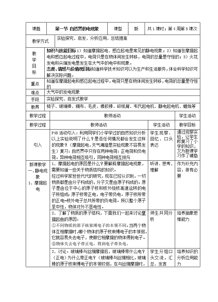 華東師大版科學(xué)八年級下冊 4.1 自然界的電現(xiàn)象 教案04第1頁