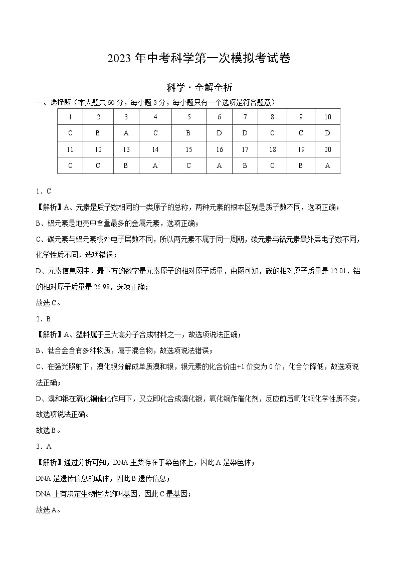 学易金卷：2023年中考科学第一次模拟考试卷（浙江卷）01