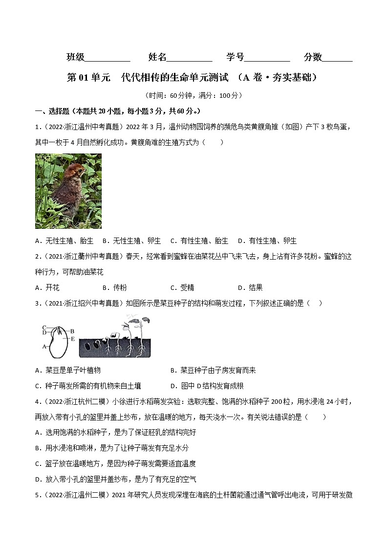 第01单元 代代相传的生命单元测试(基础卷)——2022-2023学年七年级下册科学单元复习卷(浙教版)01