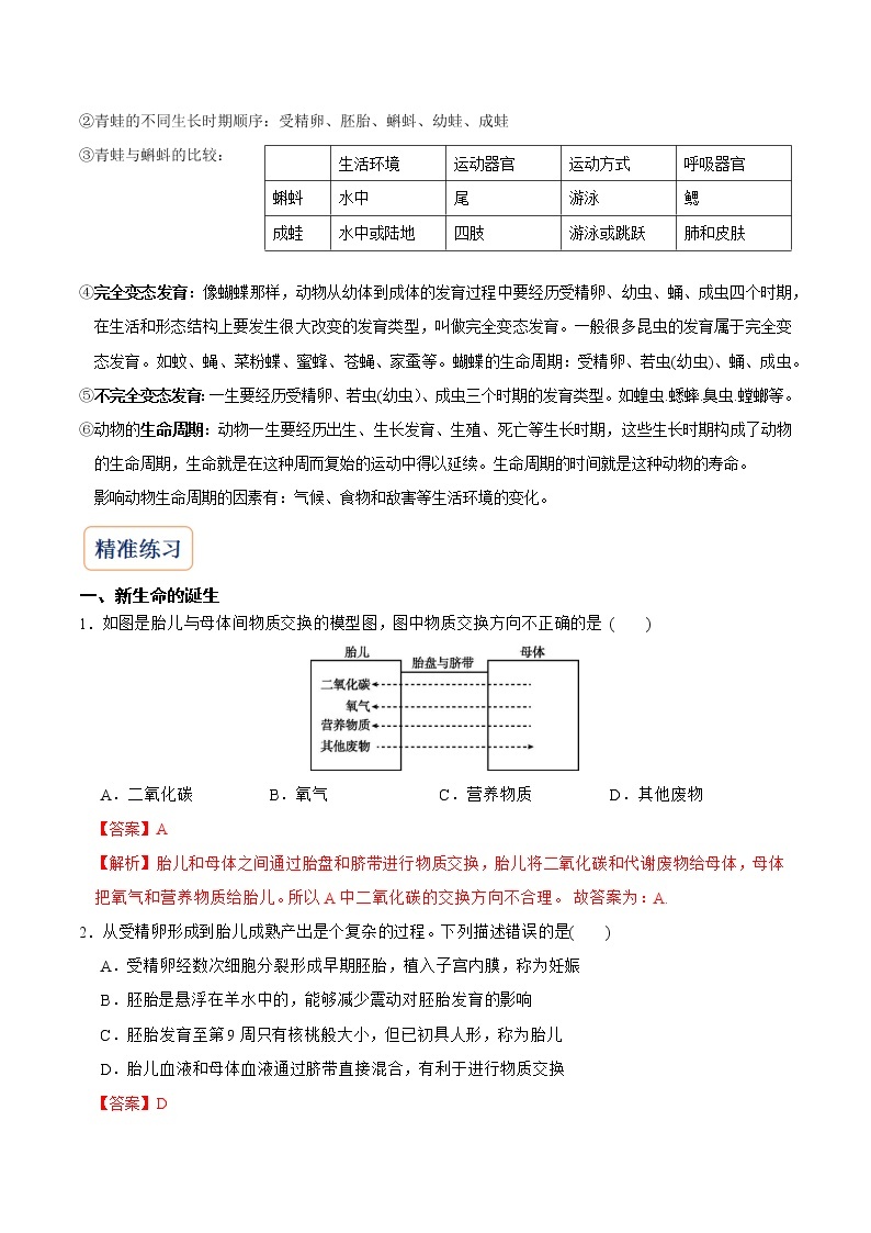 2022-2023年浙教版科学七年级下册专题复习精讲精练：专题01 人和动物的生长繁殖03