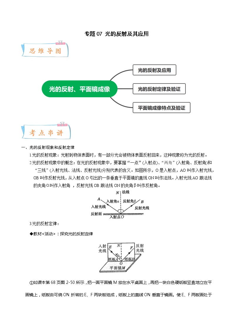 2022-2023年浙教版科学七年级下册专题复习精讲精练：专题07 光的反射及其应用