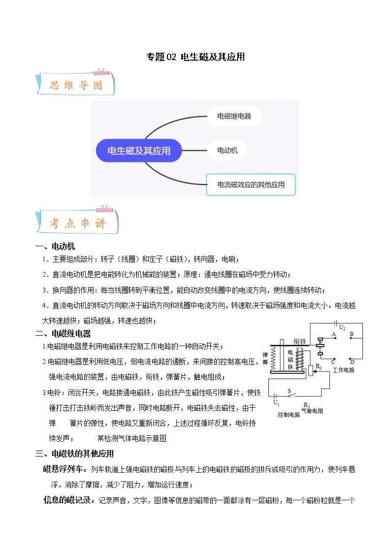 2022-2023年浙教版科学八年级下册专题复习精讲精练：专题02 电生磁及其应用（原卷版+解析版）01