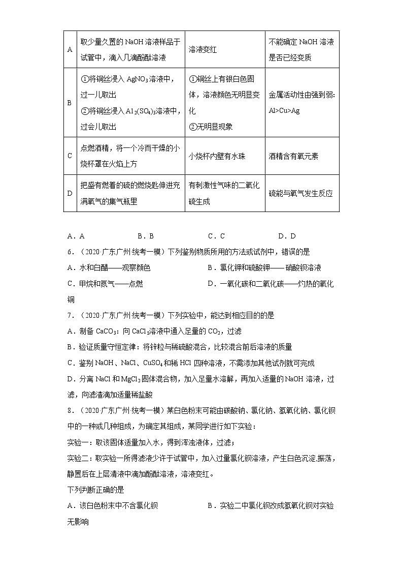 广东省广州市三年（2020-2022）中考化学模拟题分题型分层汇编-63物质的推断（非推断题与科学探究题）02