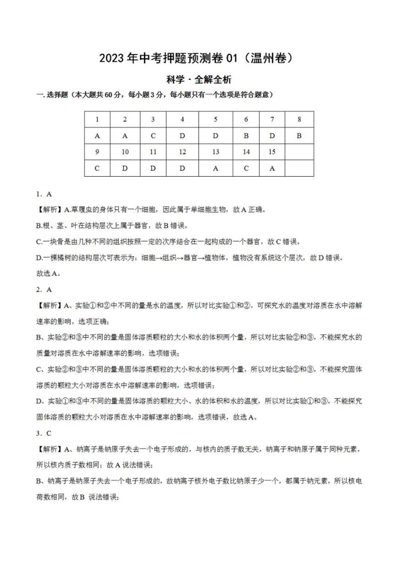 2023年中考押题预测卷01（温州卷）-科学（全解全析）01