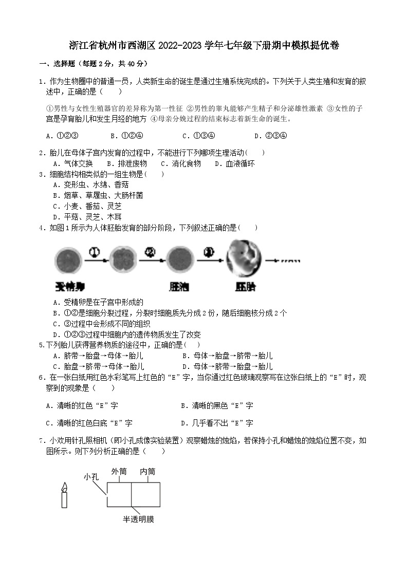 浙江省杭州市西湖区2022-2023学年浙教版科学七年级下册期中模拟提优卷01