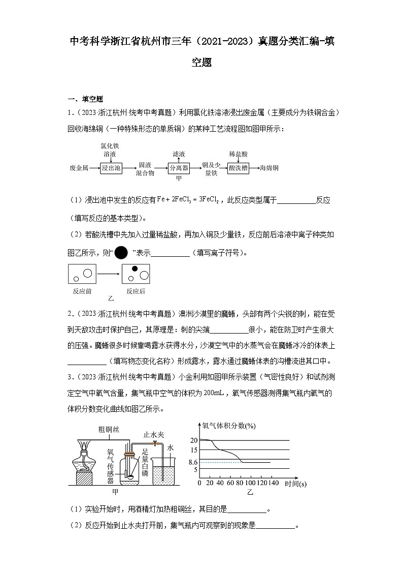 中考科学浙江省杭州市三年(2021-2023)真题分类汇编-填空题01