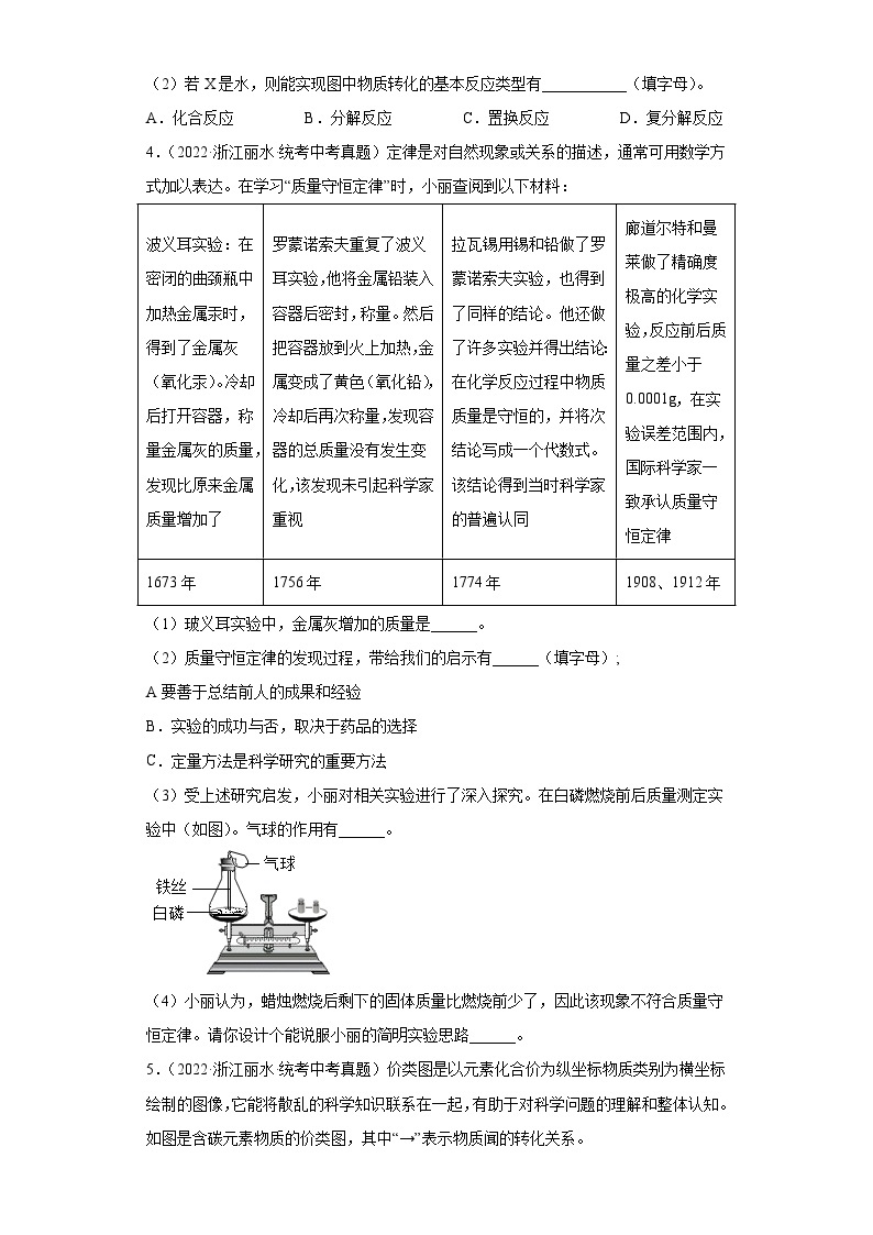 浙江省丽水市中考科学三年（2021-2023）知识点分类汇编-05常见的化学反应02