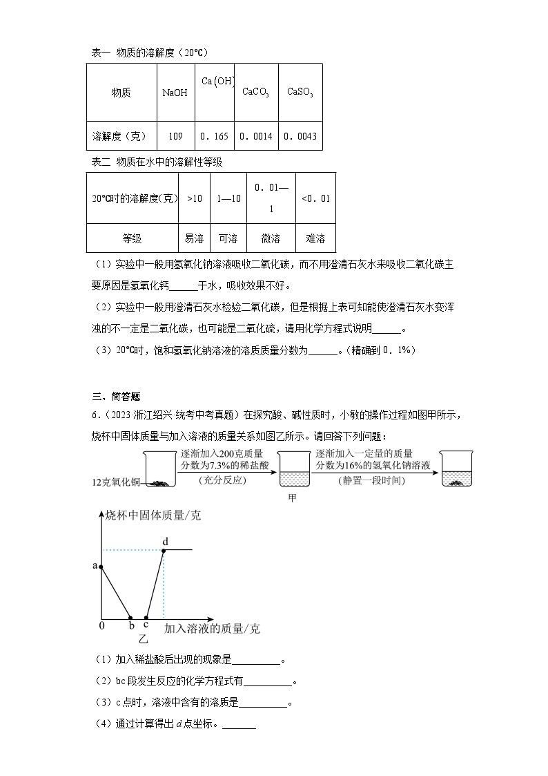 浙江省绍兴市中考科学三年（2021-2023）知识点分类汇编-05常见的化学反应03