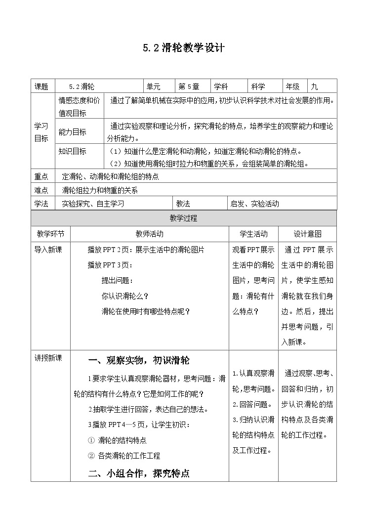 新华师大版化学九年级上册5.2滑轮 课件+教案+练习01