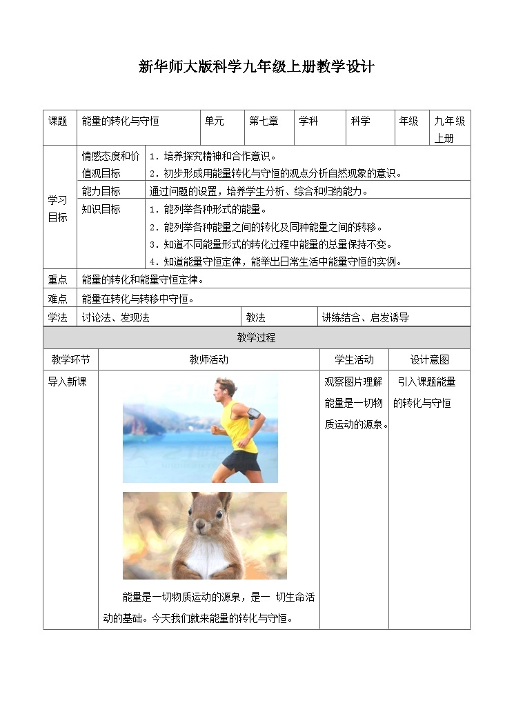 新华师大版化学九年级上册7.4能量的转化与守恒 课件+教案+练习01