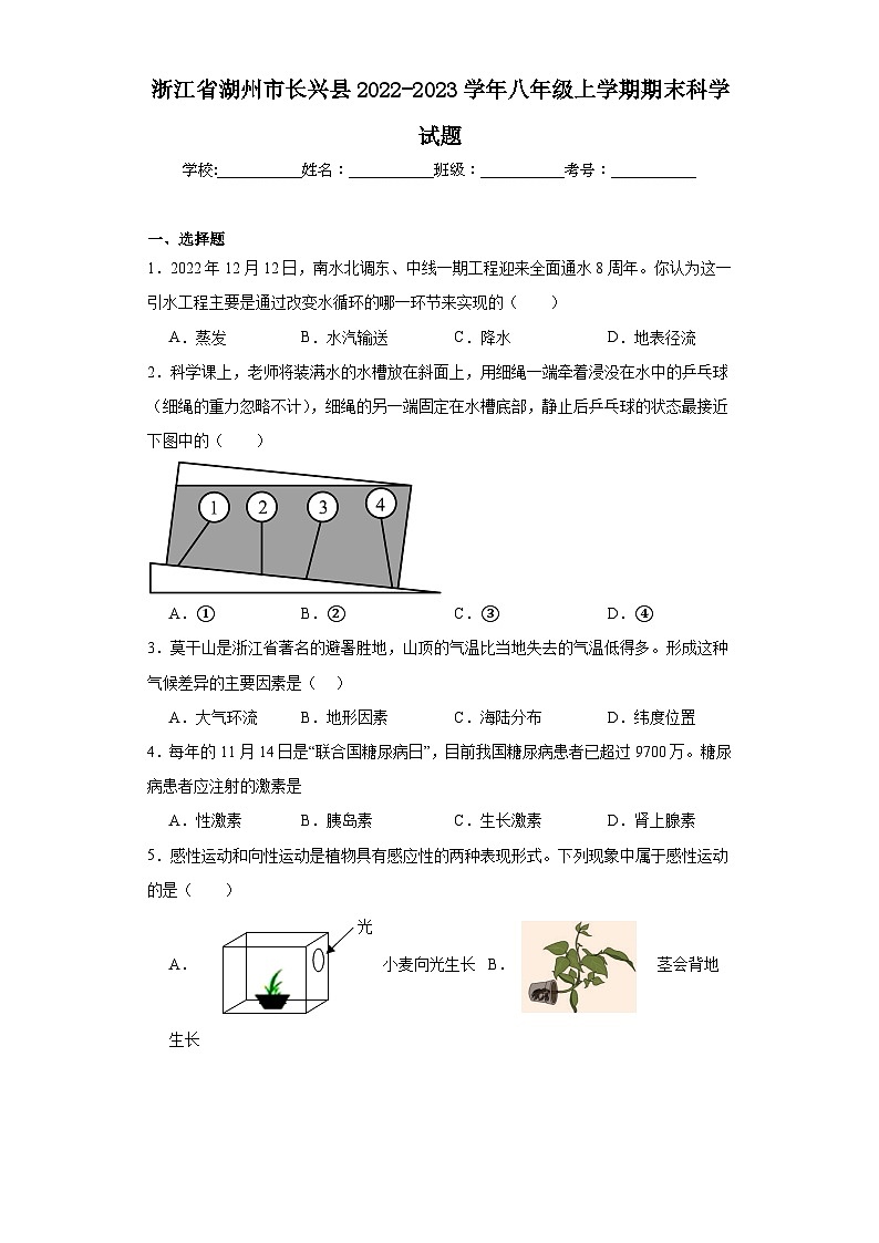 浙江省湖州市长兴县2022-2023学年八年级上学期期末科学试题01