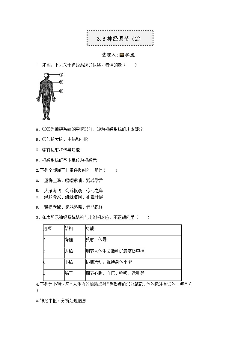 【一课一练】浙教版科学八年级上册:3.3神经调节 (2) 同步练习(含解析)01
