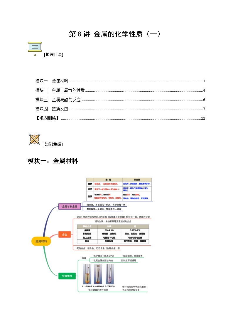 第08讲 金属的化学性质（一）-2023-2024学年新九年级科学暑假预习讲义（浙教版）01