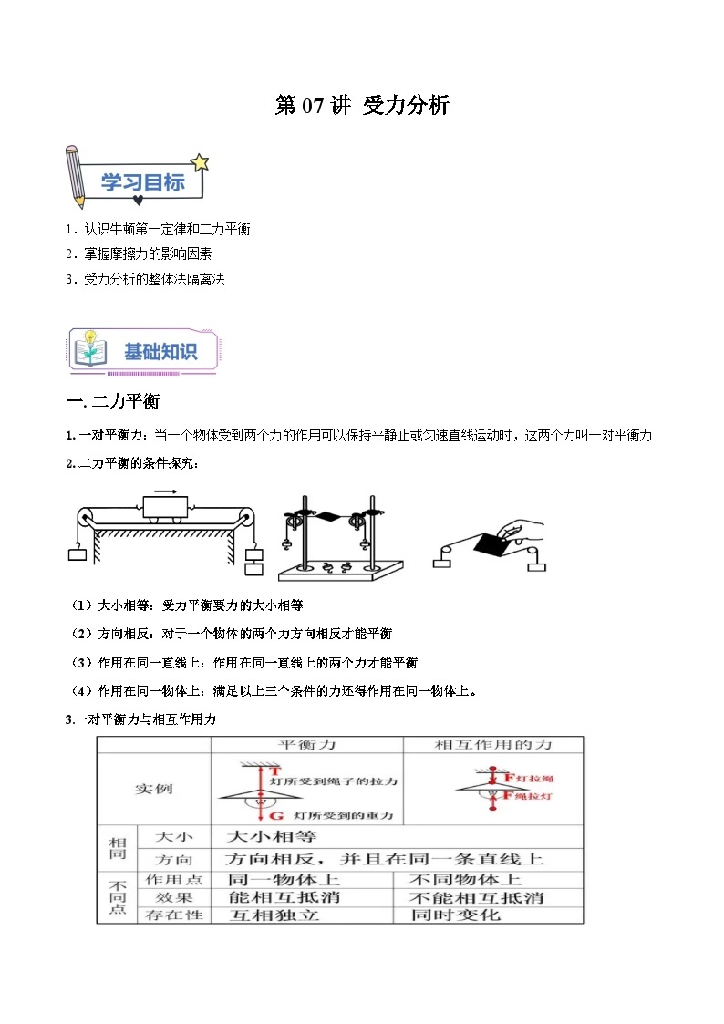 第07讲 受力分析-2023-2024学年新八年级科学暑假精品课 试卷01