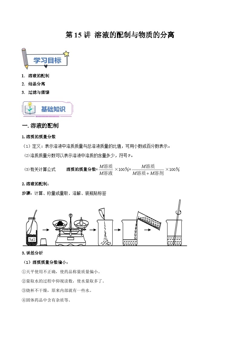 第15讲 溶液的配制与物质的分离-2023-2024学年新八年级科学暑假精品课 试卷01