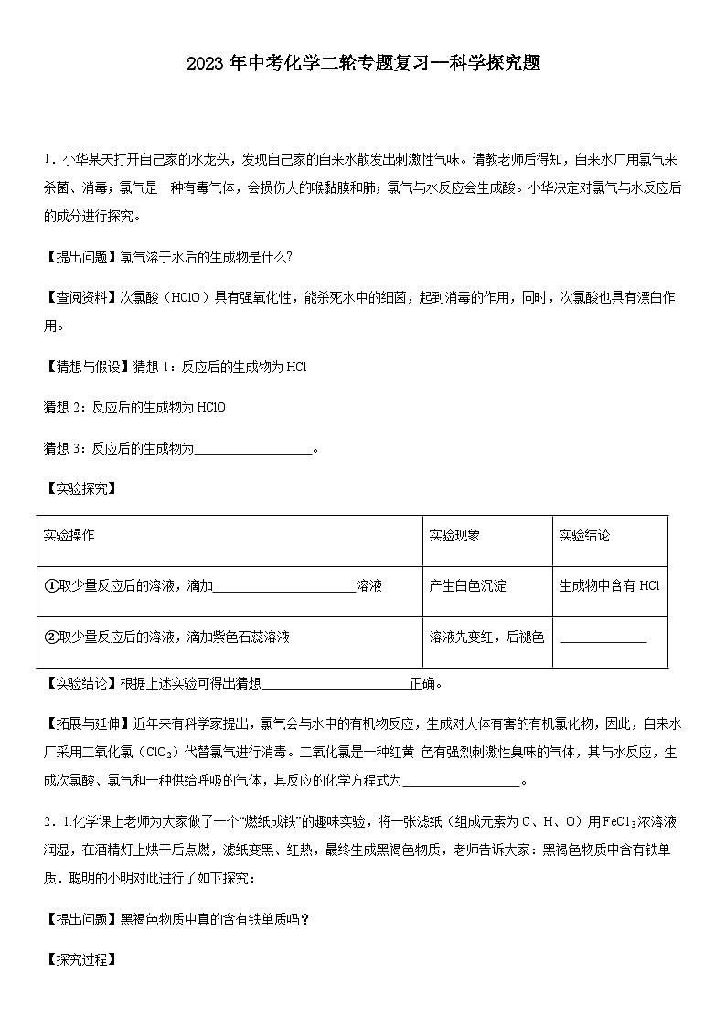 2023年中考化学二轮专题复习--科学探究题第1页
