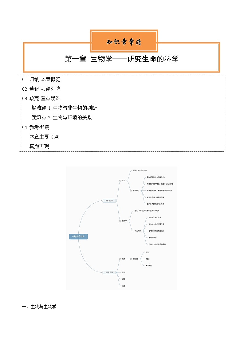 【期中单元知识点归纳】(苏科版)2023-2024学年七年级生物上册 第一章 生物学——研究生命的科学 讲义01