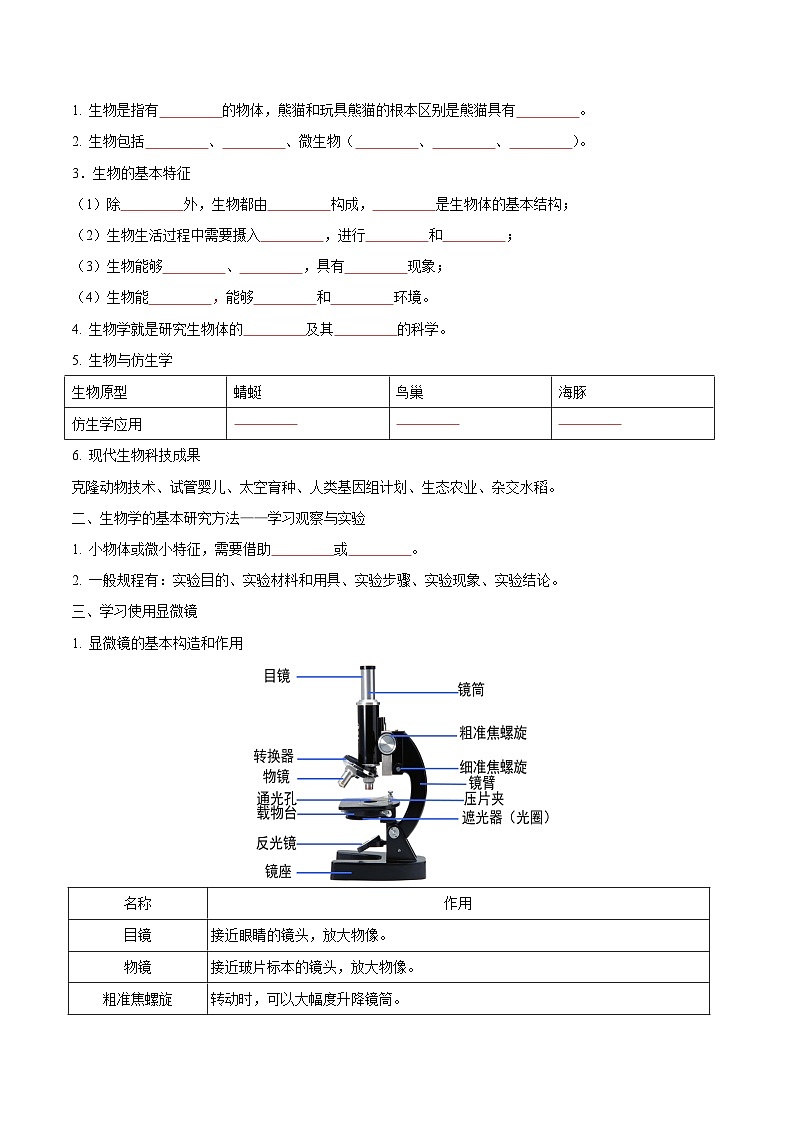 【期中单元知识点归纳】(苏科版)2023-2024学年七年级生物上册 第一章 生物学——研究生命的科学 讲义02