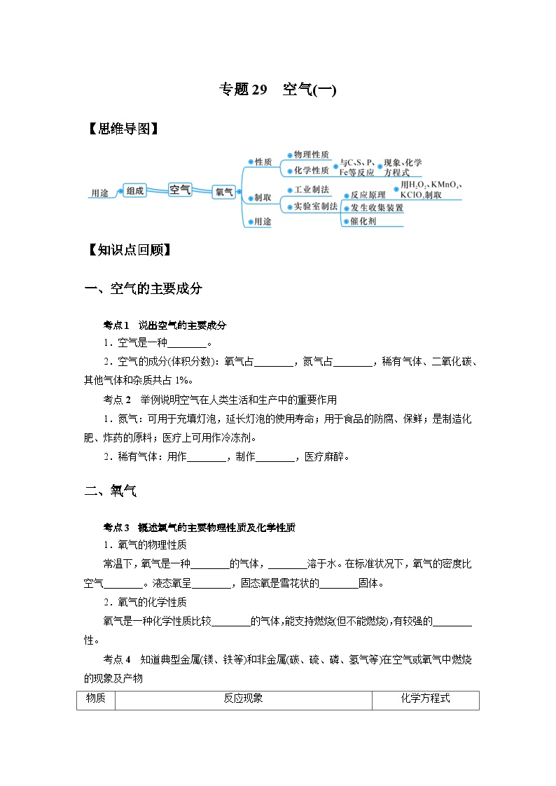 中考科学 二轮专题 专题29 空气(一) 学案