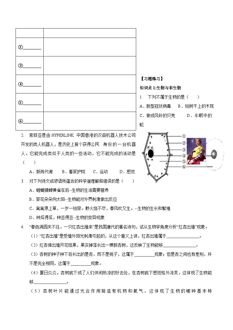 2.1~2.2 生物与细胞 浙教版科学七年级上册 试卷02