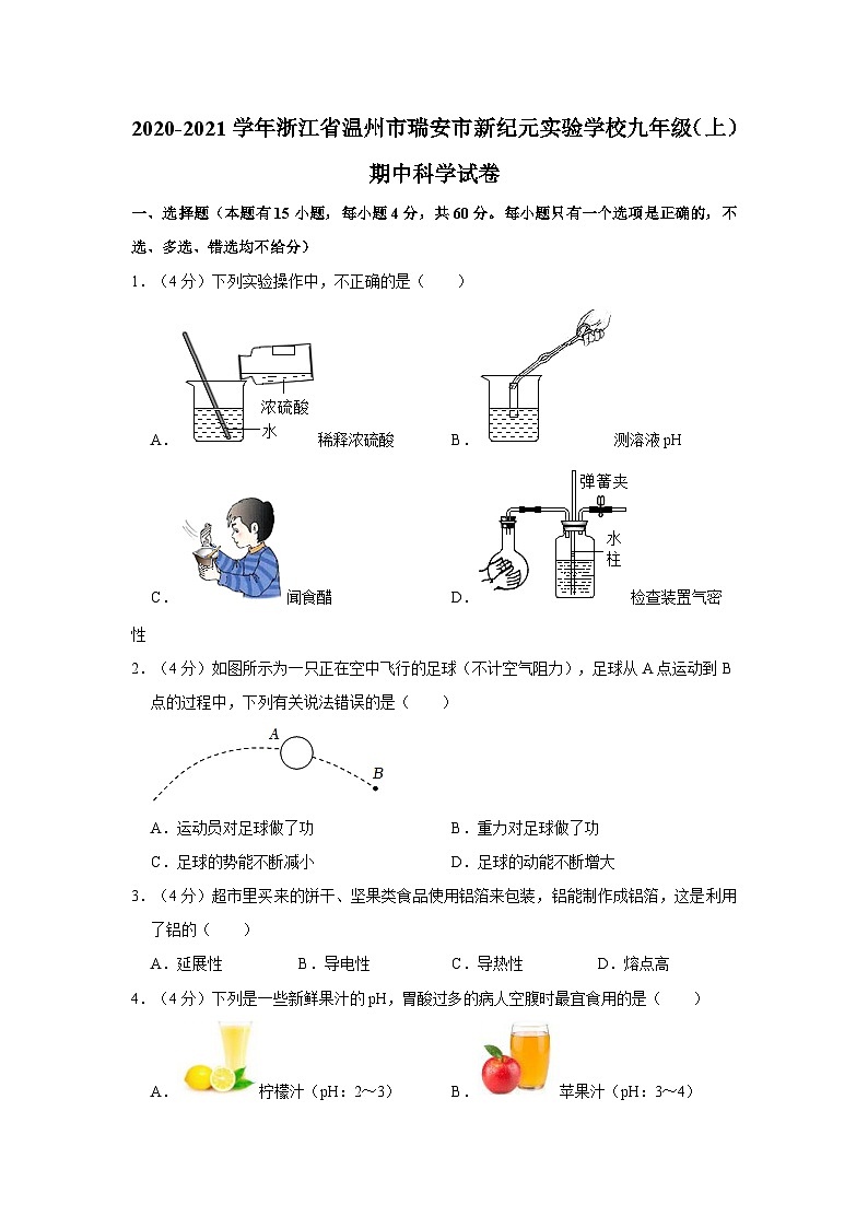 2020-2021学年浙江省温州市瑞安市新纪元实验学校九年级上学期期中科学试卷01