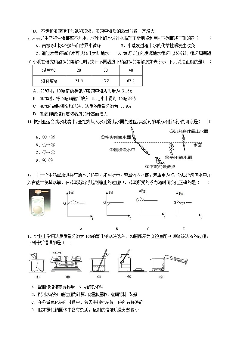 浙江省台州市仙居县白塔中学2023-2024学年八年级上学期10月月考科学试题第2页