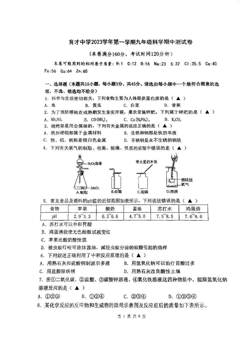 浙江省宁波市慈溪育才中学2023-2024学年九年级第一学期期中测试科学卷01