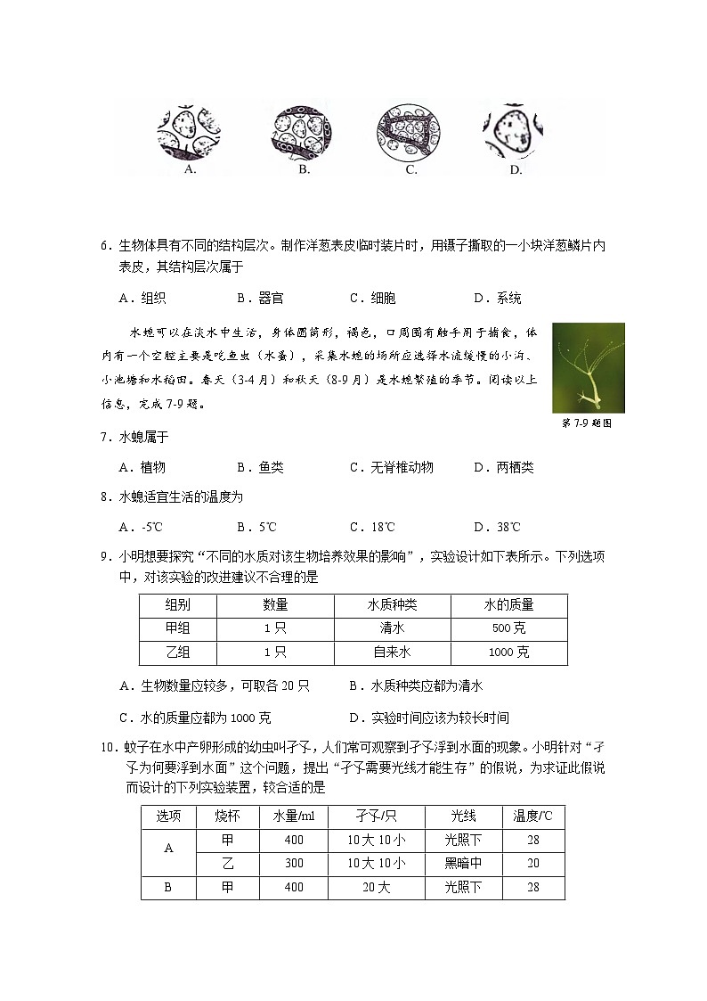浙江省温州市洞头区2023-2024学年七年级上学期期中检测科学试卷02