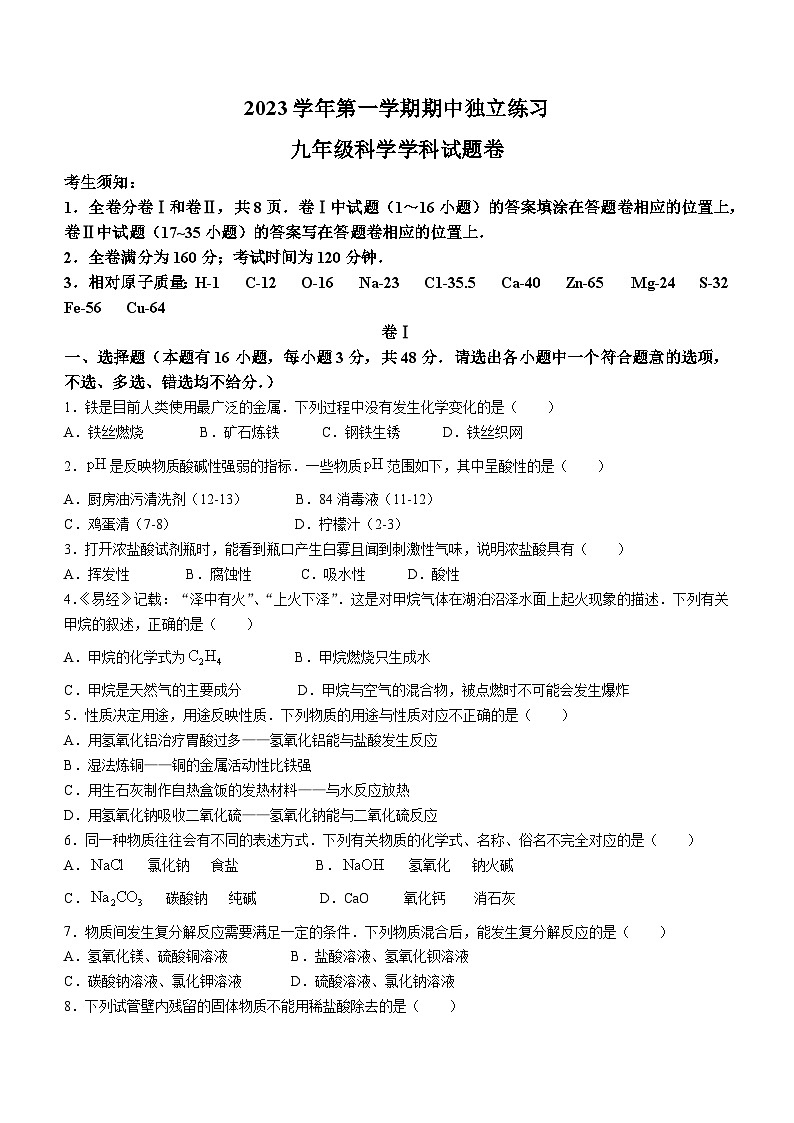 浙江省湖州市安吉县2023-2024学年上学期期中阶段性检测九年级科学试卷第1页