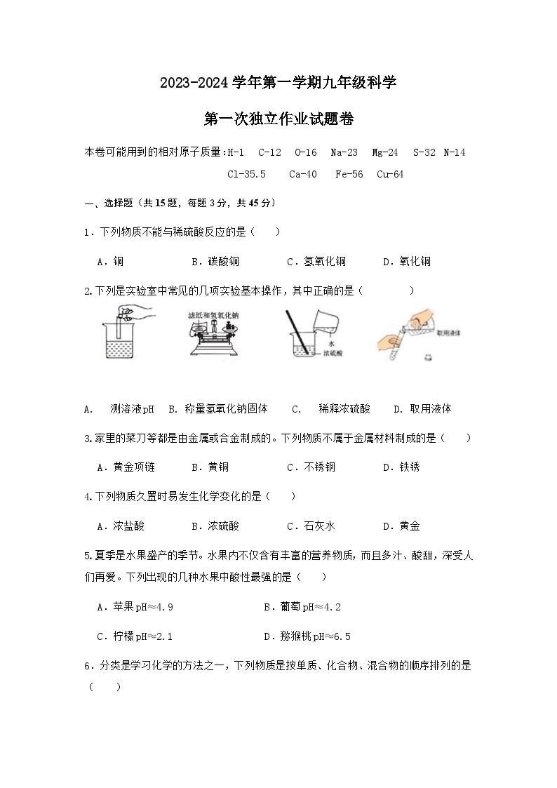 浙江省金华市金东区傅村镇初级中学2023-2024学年九年级上学期10月检测科学试题