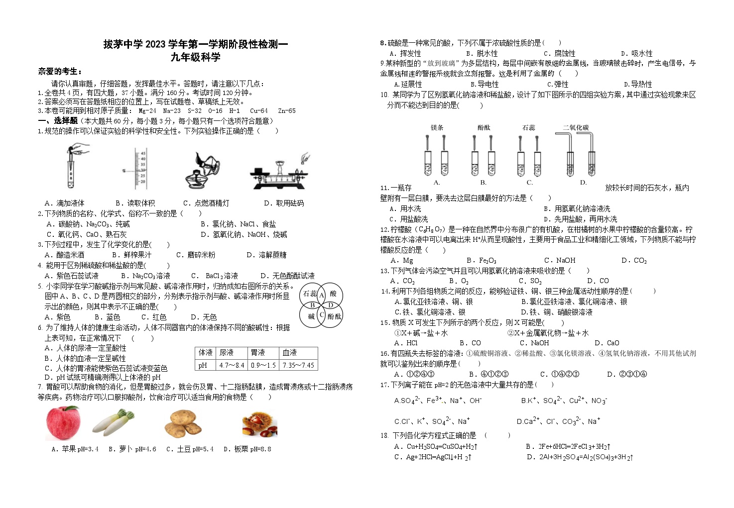 浙江省绍兴市新昌县新昌县拔茅中学2023-2024学年九年级上学期10月月考科学 试题