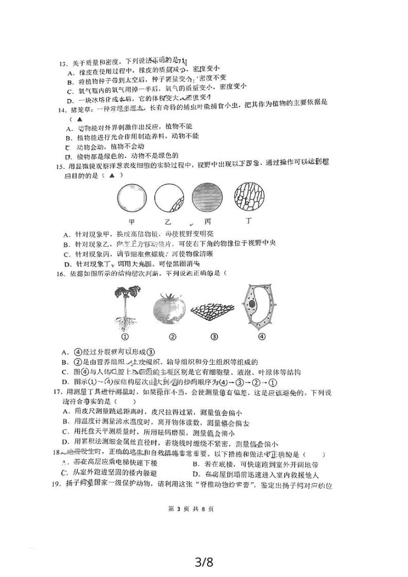 浙江省杭州市之江实验教育集团2023-2024学年七年级上学期12月月考科学卷03