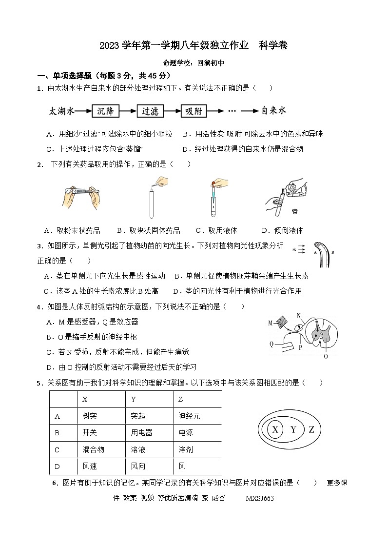 浙江省杭州市萧山城区六校2023-2024学年八年级上学期12月独立作业科学试题第1页