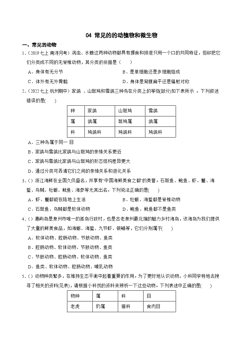 专题04 常见的的动植物和微生物-2023-2024学年七年级科学上学期期末高效复习（浙教版）01