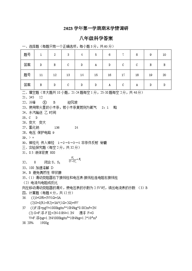 2023学年第一学期期末学情调研答案第1页
