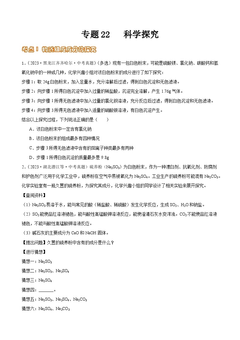 2024年中考化学真题分项汇编（全国通用）专题22 科学探究（第02期）（原卷版+解析）01