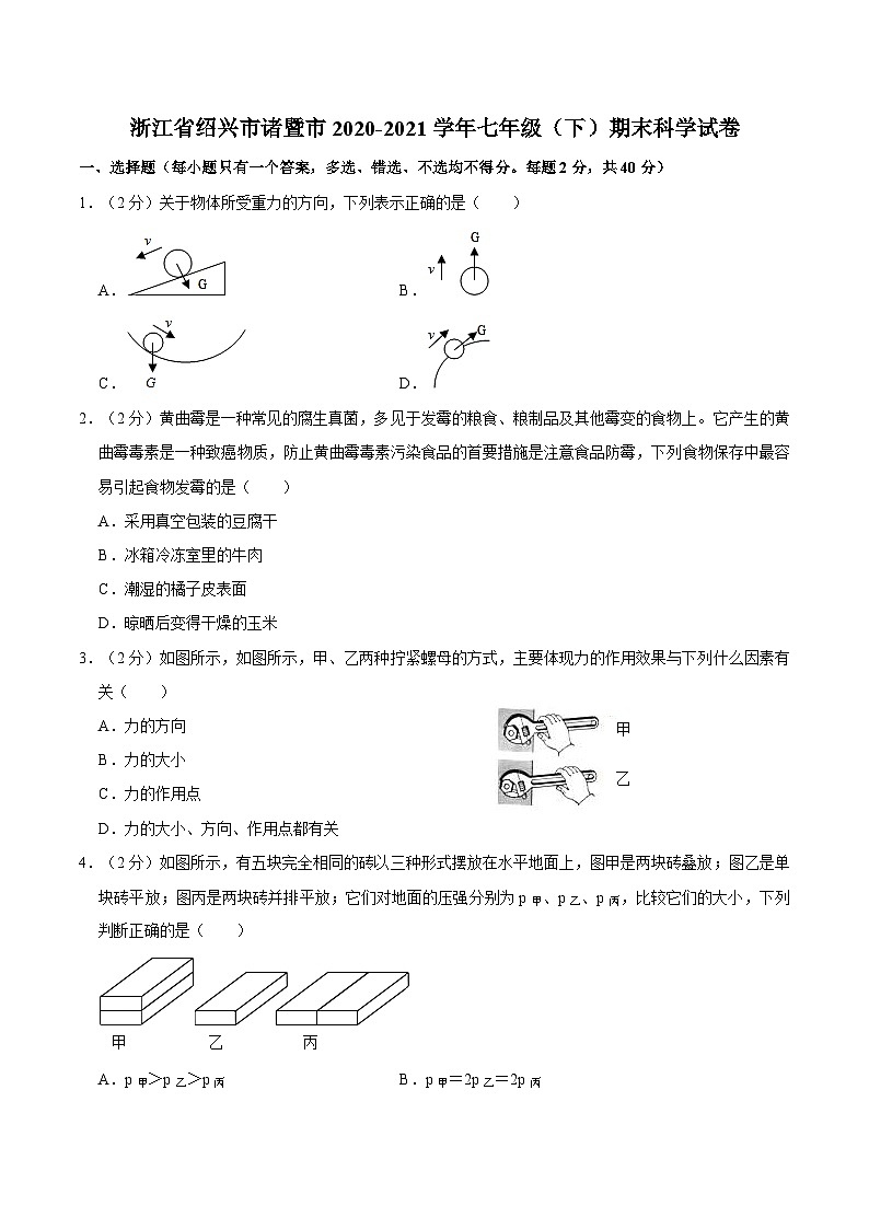 浙江省绍兴市诸暨市2020-2021学年七年级下学期期末科学试卷第1页