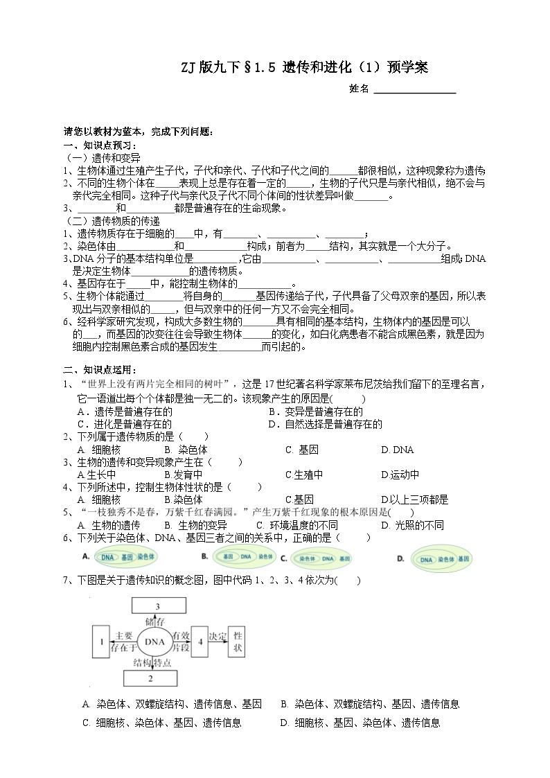 浙教版科学九年级下册1.5遗传和进化（1）预学案01