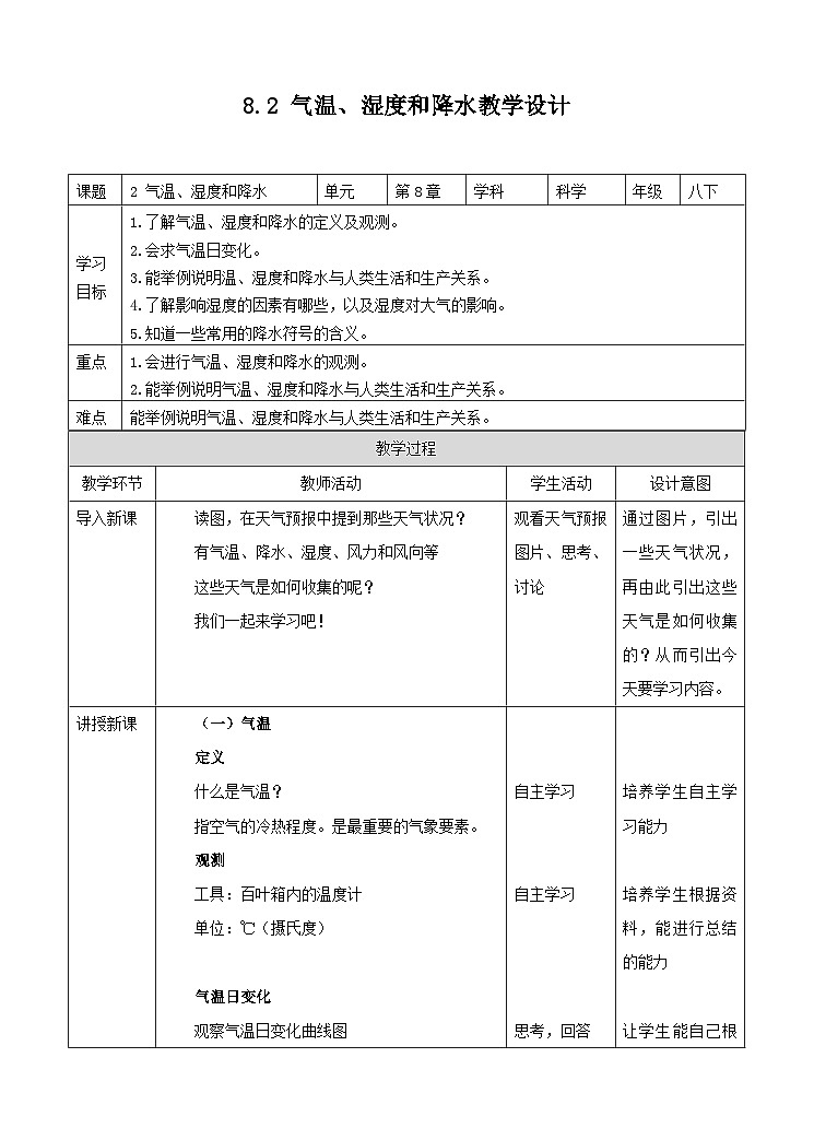 新华师八年级科学下册第8章第2节气温、湿度和降水(教案)01