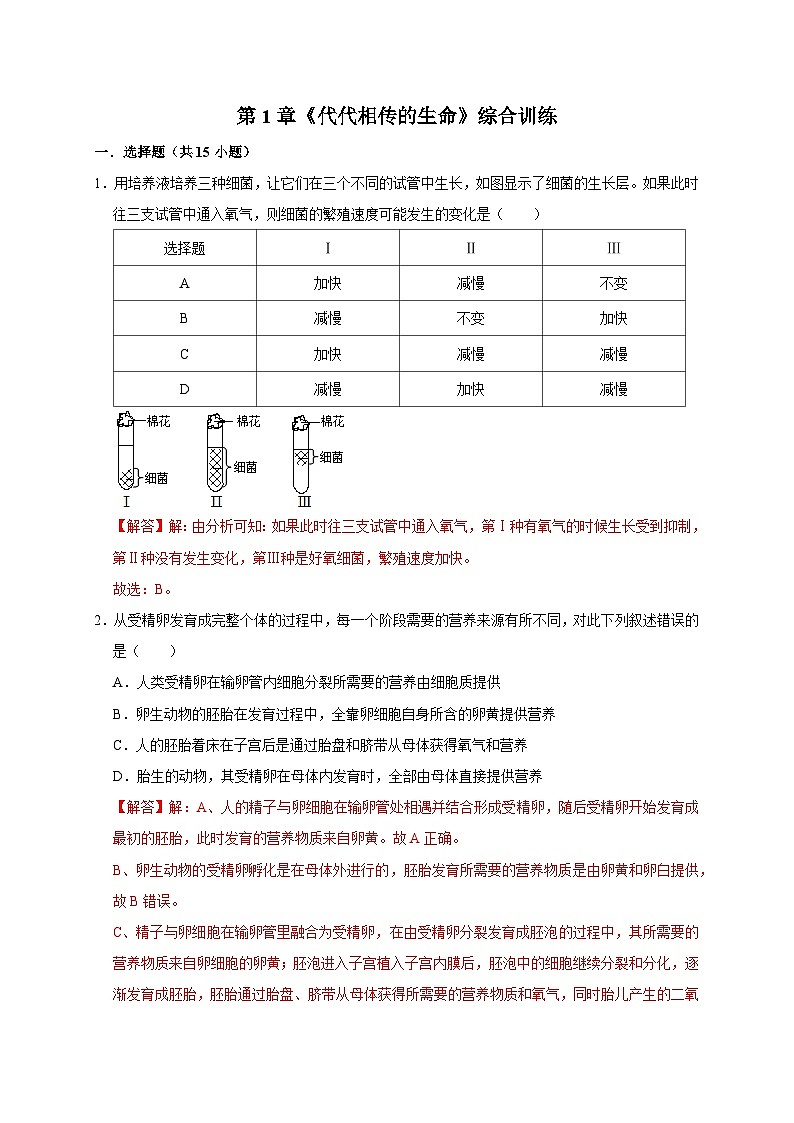 第1章《代代相传的生命》综合训练——2023-2024学年七年级下册科学高效讲与练(浙教版)01