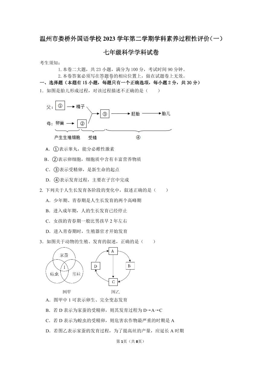 浙江省温州市娄桥外国语学校2023-2024学年七年级下学期月考科学试题