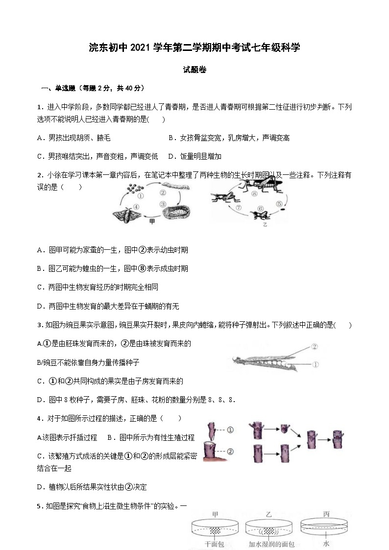 浙江省绍兴市诸暨市浣东初级中学2021-2022学年七年级下学期期中考试科学试题01