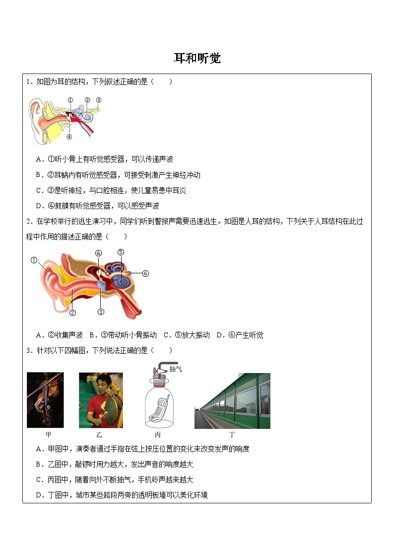 2.3耳和听觉 同步练习 浙教版七年级下册科学第1页