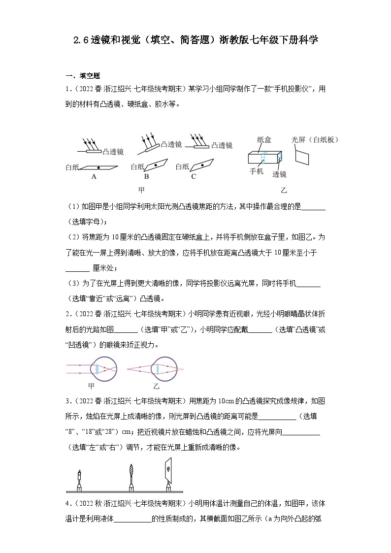 2.6透镜和视觉（填空、简答题）【期末复习】浙教版七年级下册科学01