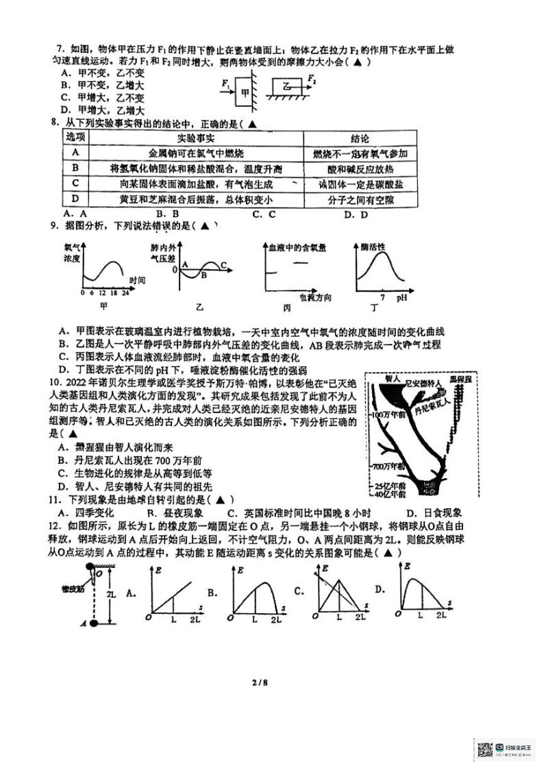 浙江省杭州观城教育集团2023-2024学年九年级下学期4月月考科学试题02